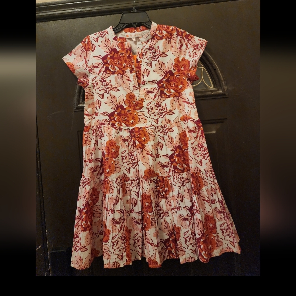 Floral Tiered Short-Sleeve Dress in Rust and White